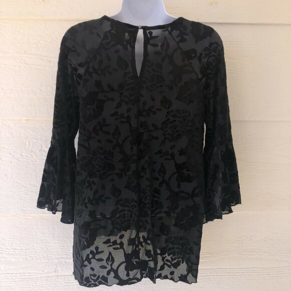 Chelsea & Theodore Size Small Black Velvet Burnout Top Sheer Flare Sleeves - Picture 5 of 12